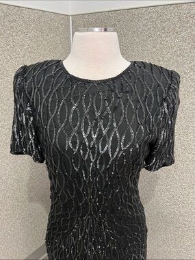 Black Silk Sequined Sweelo Vintage Short Sleeve Cocktail Dress Size Medium